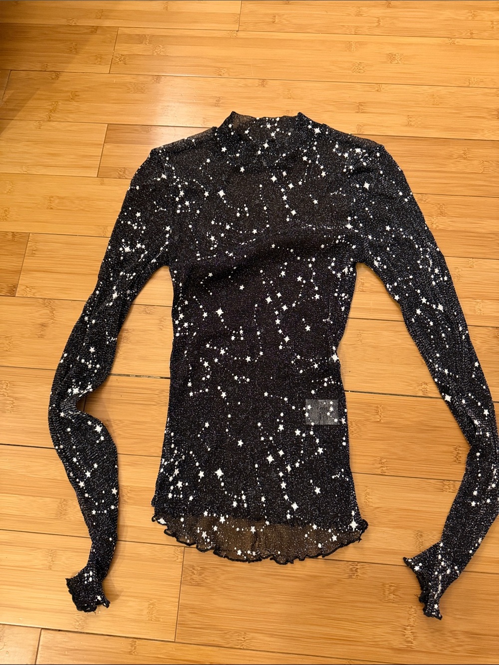 Sparkle Star Mesh Mock Neck Long-Sleeve Top - Black